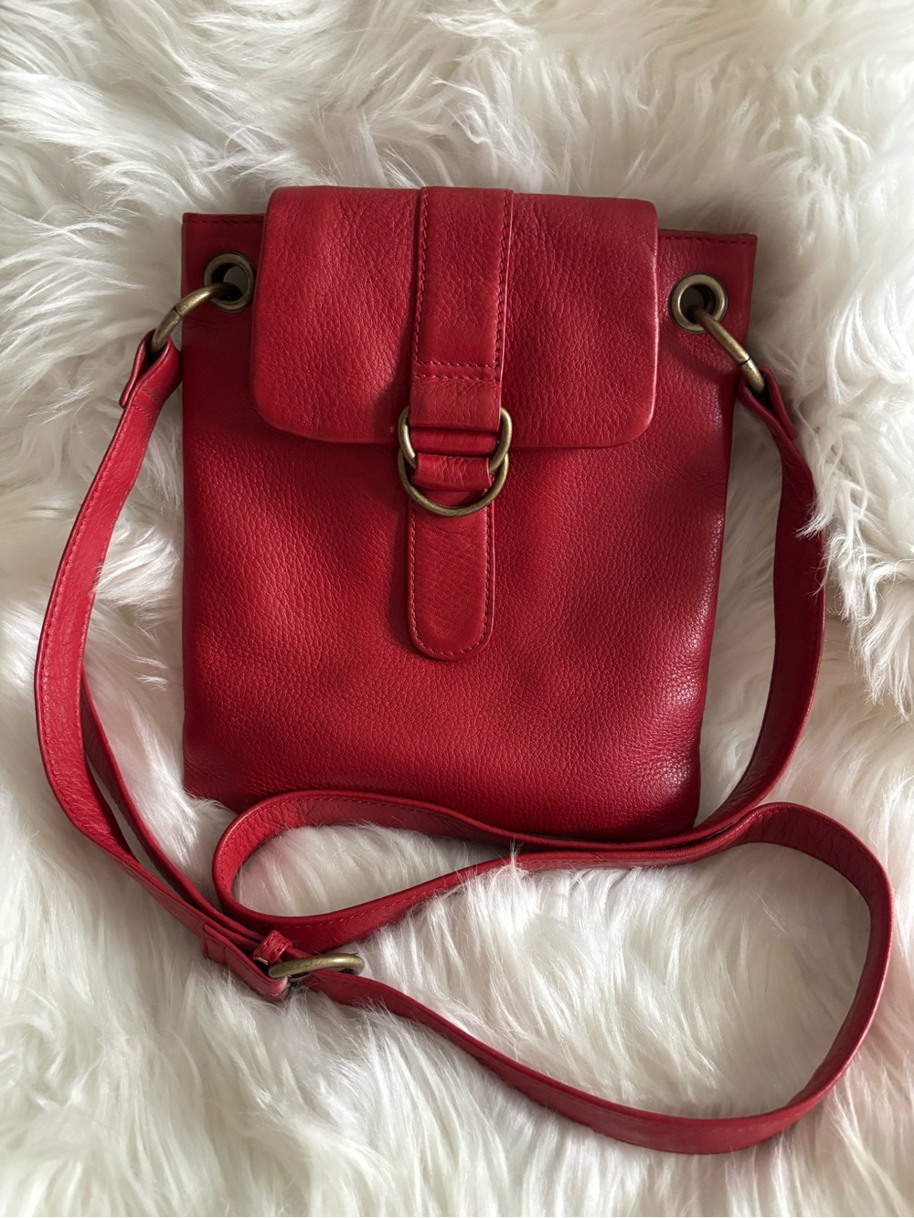 Hobo Red Leather Crossbody Bag with Brass Ring Detail